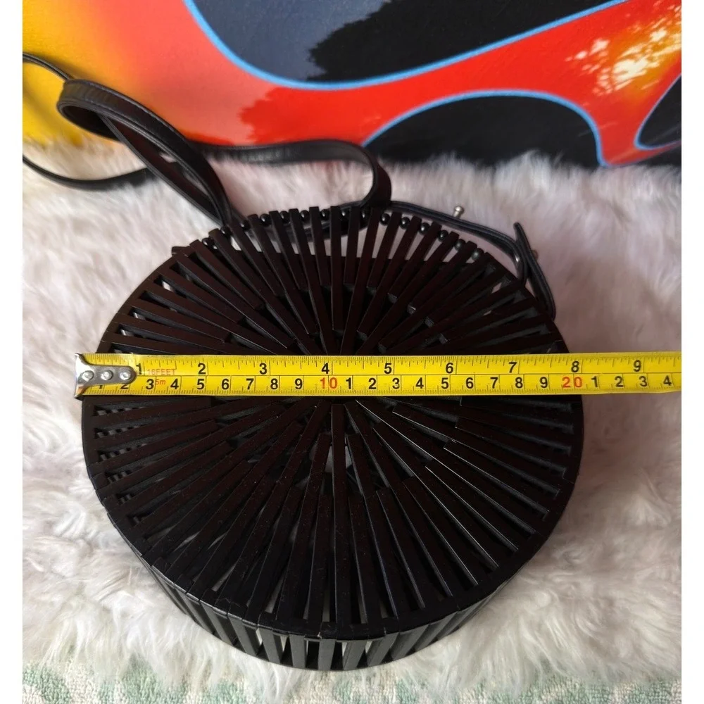 Black Bamboo Circle Cage Crossbody Bag‎ Round Wooden Slatted Purse Boho Modern